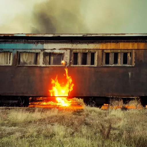 Image similar to Old boxcar train on the railroad, fire in the background, atmospheric and depressed, post-apocalyptic, Cinematic, film still from a horror movie