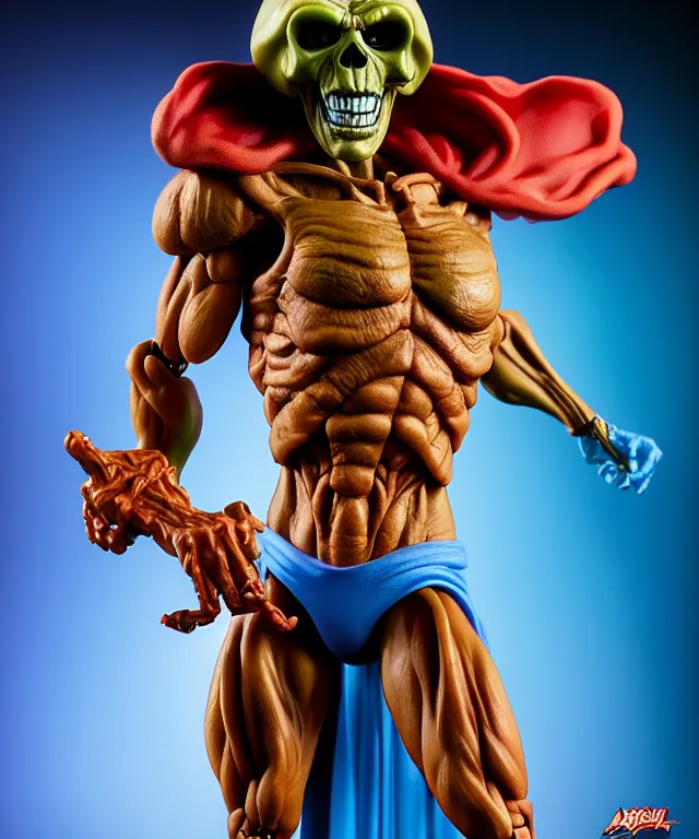 Image similar to hyperrealistic rendering, skeletor, by art of skinner and richard corben and jeff easley, product photography, action figure, sofubi, studio lighting, colored gels