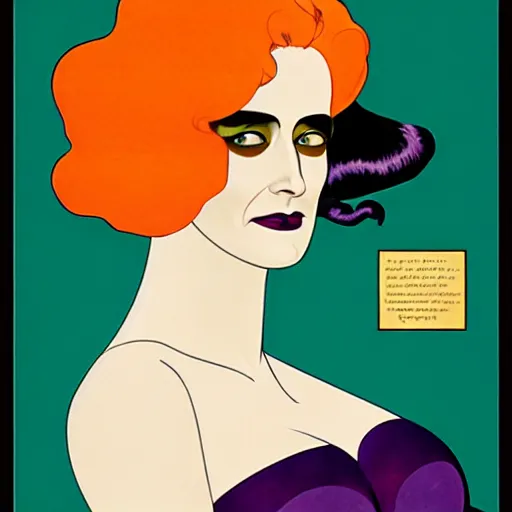 Image similar to Eva Green is Metamorpho, the Element Woman, Art by Coles Phillips, Chalk white skin, deep purple hair, Green eyes, Orange background, Mucha, Portrait of the actress, Eva Green as Metamorpho, carbon black and antique gold