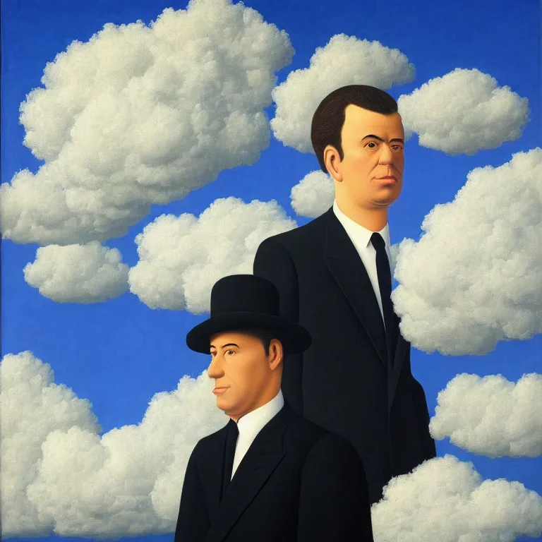 Image similar to portrait of a man made out of clouds in a suit, by rene magritte, detailed painting, hd, hq, high resolution, high detail, 4 k, 8 k