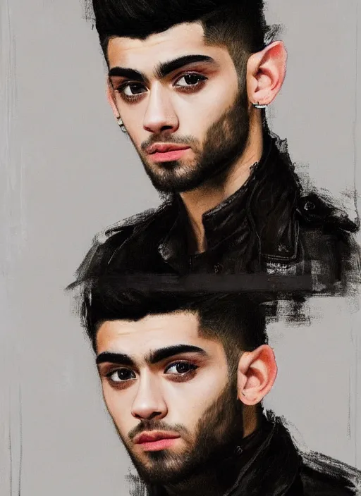 Image similar to portrait painting of zayn malik as an elf by jeremy mann, wearing leather high collared jacket, only one head single portrait, pointy ears