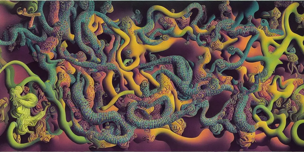 Image similar to basilisk, pain, pleasure, suffering, adventure, ( ( ( psychedelic dripping color ) ) ) love, abstract oil painting by mc escher and salvador dali gottfried helnwein