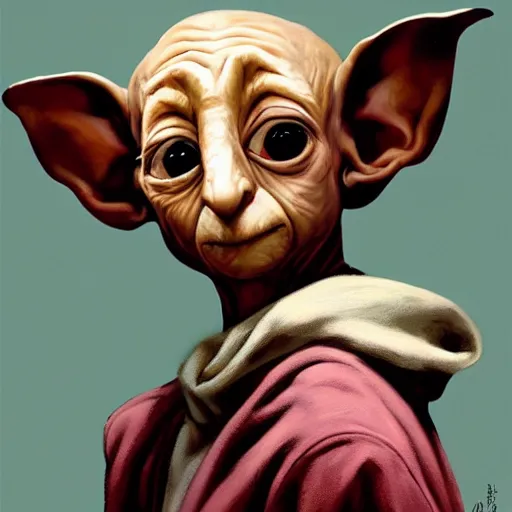 Image similar to greg manchess portrait of dobby the house elf wearing a jester hat, organic painting, sunny day, matte painting, bold shapes, hard edges, street art, trending on artstation, by huang guangjian, gil elvgren, ruan jia, randy vargas, greg rutkowski