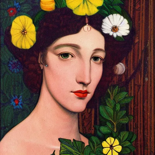 Prompt: a painting of a woman with flowers in her hair, an art deco painting by leo and diane dillon, behance, pre - raphaelitism, pre - raphaelite, fauvism, androgynous