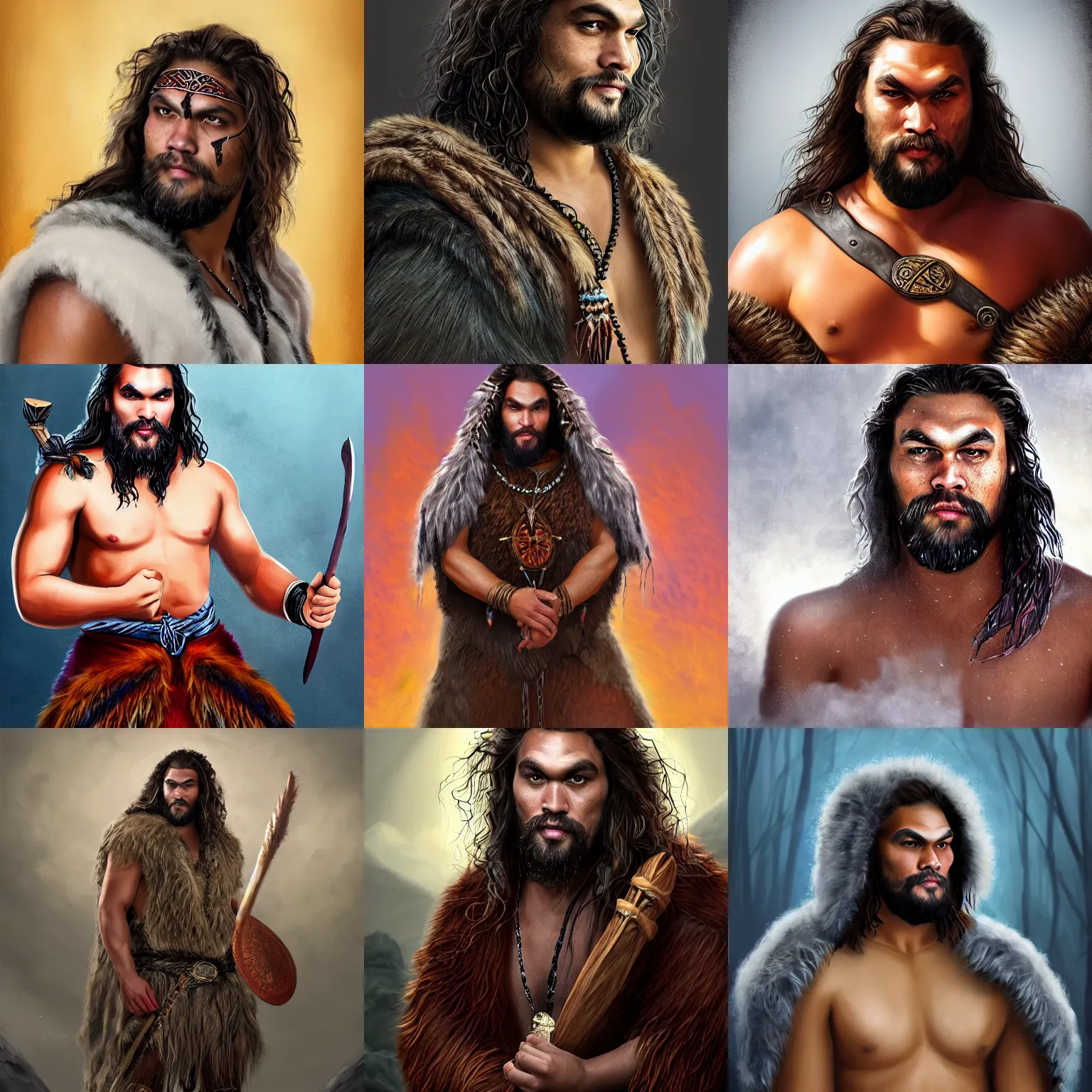 Prompt: A portrait of a young Jason Momoa playing Bjørn, a young male shaman wearing a bearskin cloak festooned with trinkets and amulets, portrait, shaggy haircut, 8k resolution, full-length portrait, digital painting, fantasy illustration, D&D character art