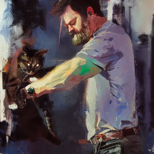 Prompt: nick offerman with body of a cat, jeremy mann painting