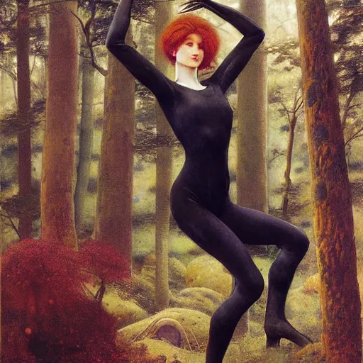 Prompt: beautiful woman with auburn hair in a skin-tight designer spacesuit, aloof in the forest at dusk, by Edgar Maxence and Ross Tran and Michael Whelan and Gustav Klimpt