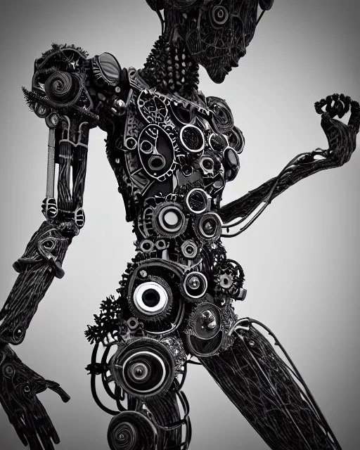 Prompt: mythical black and white organic bio-mechanical stick figure. Waving an axe into the camera. detail of mechanical beautiful female angelic-vegetal-cyborg, highly detailed, intricate steampunk ornate, poetic, 3D render, digital art, octane render, 8K artistic photography, photo-realistic, by Dora Maar