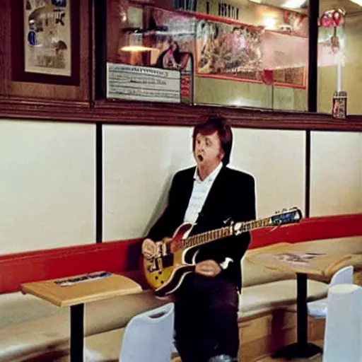 Prompt: a photo of paul mccartney, seen from a distance, playing guitar in the corner of a mcdonald's restaurants, being ignored by customers