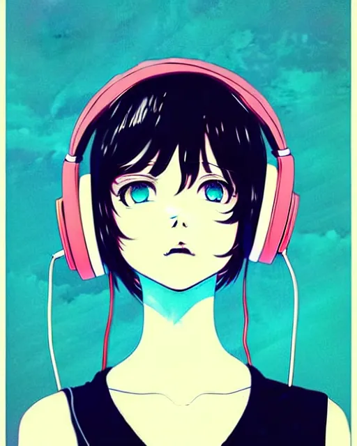 Image similar to girl wearing headphones, very anime!!! anime!! intricate details, high contrast colors, poster background, art by conrad roset and ilya kuvshinov