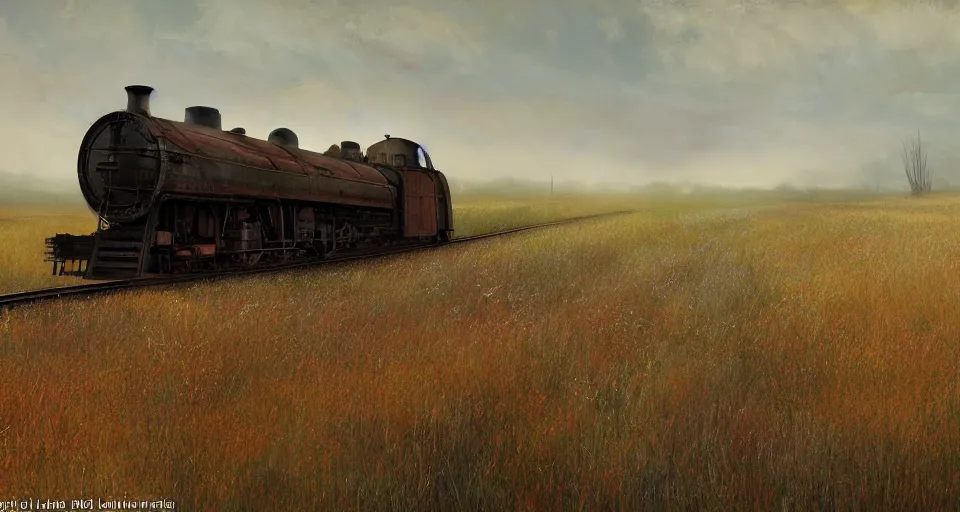 Prompt: rusty old railroad, in the steppe, autumn field, misty background, from the game pathologic 2, highly detailed, sharp focus, matte painting, by isaac levitan and asher brown durand,