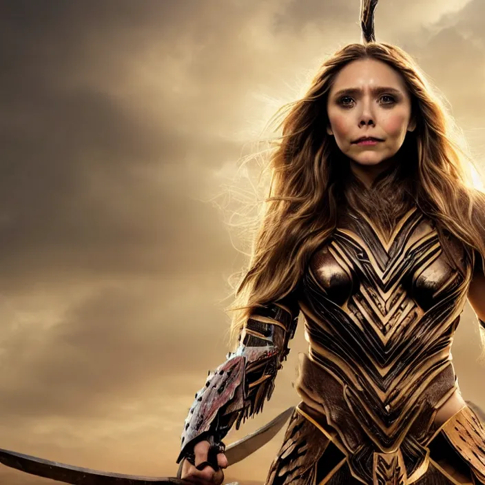 Image similar to professional full length photograph of elizabeth olsen as an amazon warrior. Extremely detailed. 8k