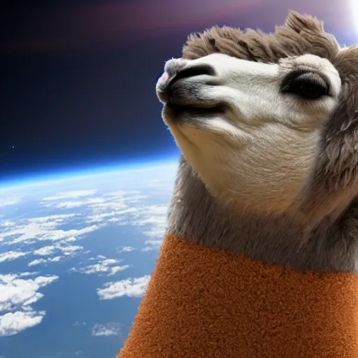 Image similar to a lama in a helmet is flying in space, 4k image.