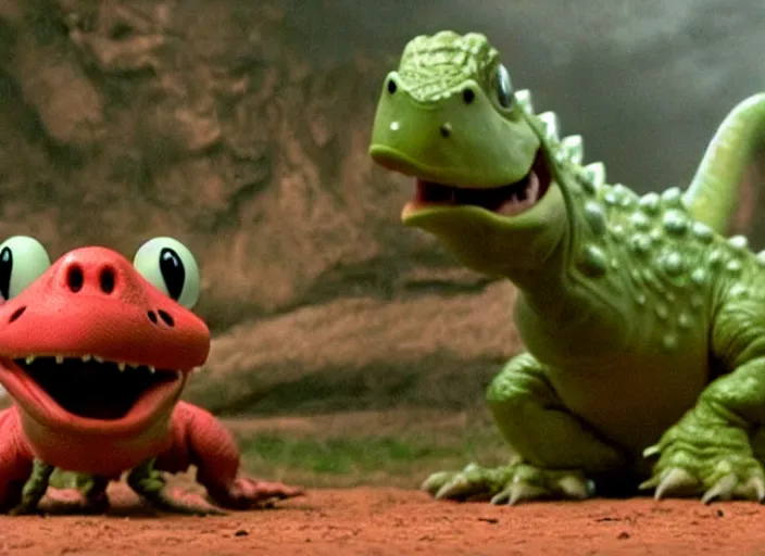 Image similar to film still of yoshi in the new sci - fi movie, cute upright standing upright upright dinosaur standing on its hind legs with a small red turtle shell and sticking out a long sticky tongue, 8 k