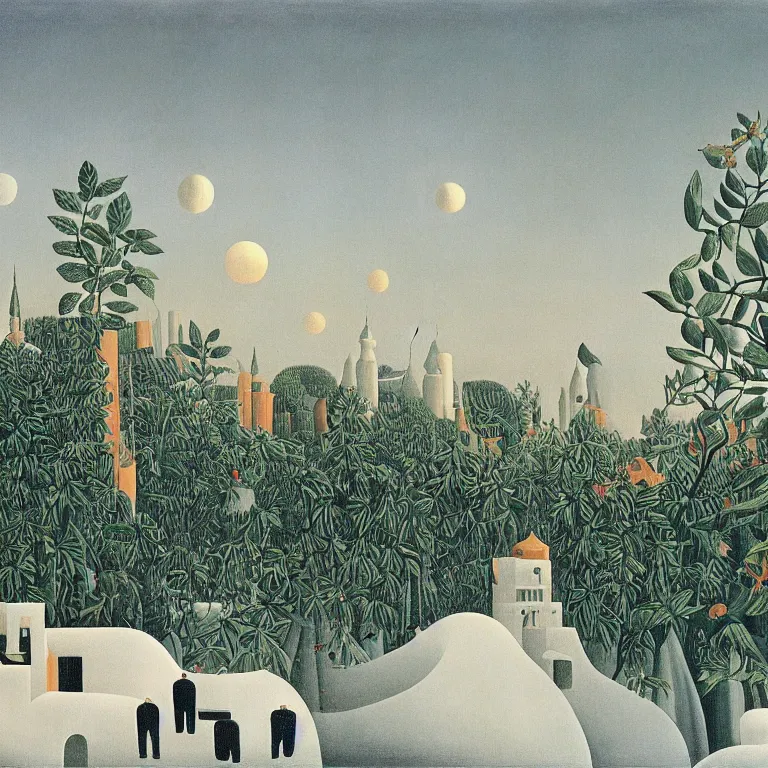 Prompt: a sprawling white fantastical city on the edge of a black hole, painted by henri rousseau