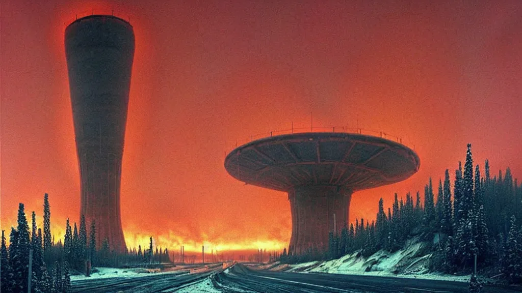 Image similar to Nuclear, Redwood Desolation; Location: Norilsk Russia; by Simon Stålenhag; retro natural-futurism;