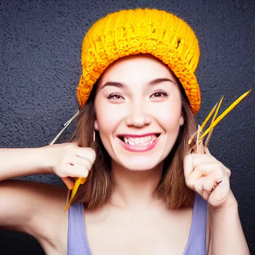 Image similar to portrait of a smiling 2 5 - year - old woman with 9 0 degree nails pretty face oriental, perfect eye look up a bit, medium yellow blond hair, character with an orange hat, hair comes out of the hat a little