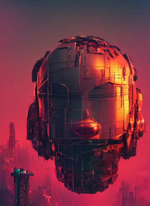 Image similar to giant destroyed head of cyberpunk mickey mouse, inside of netflix office, by beeple, dystopia, golden ratio, octane render, trending on artstation, 8 k