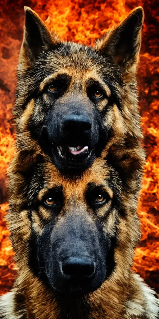 Image similar to close up character portrait of muscular german shepard beast - man, wearing military outfit, standing in hell landscape, 4 k, tone mapping