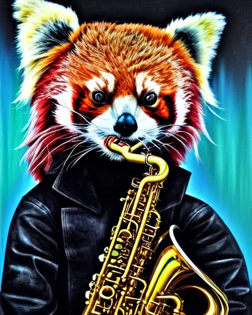 Prompt: a portrait of an anthropomorphic cyberpunk single red panda playing a saxophone by sandra chevrier, by jon foster, detailed render, tape deck, epic composition, cybernetics, 4 k realistic, cryengine, realistic shaded lighting, sharp focus, masterpiece, by enki bilal