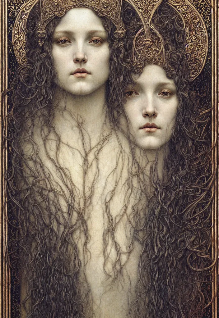 Image similar to detailed realistic beautiful young medieval queen face portrait by jean delville, gustave dore and marco mazzoni, art nouveau, symbolist, visionary, gothic, pre - raphaelite. horizontal symmetry