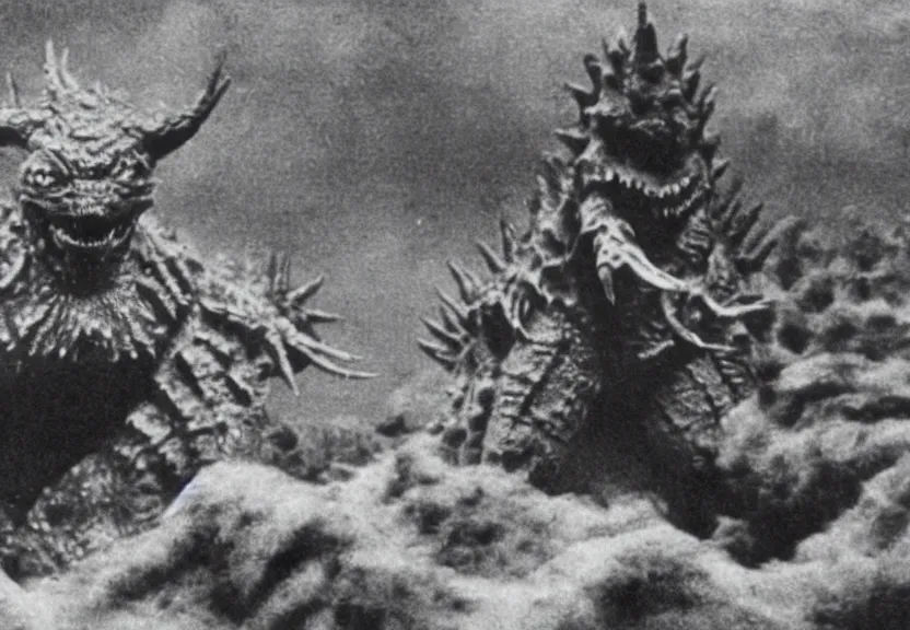 Image similar to a filmstill of pulgasari, kaiju starfish, monster movie, korean film noir, 1 9 5 0 s thriller, kim jong - il, in the style of rashomon and godzilla