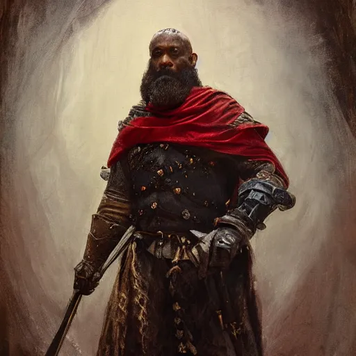 Image similar to Solomon Joseph Solomon and Richard Schmid and Jeremy Lipking victorian genre painting portrait painting of a old rugged movie actor medieval knight character in fantasy costume, red background