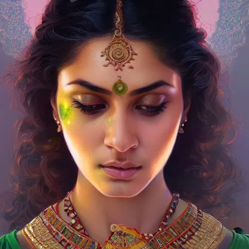 Image similar to Portrait of very very very very very very beautiful Indian woman, spacesuit, green eyes, intricate, elegant, highly detailed, digital painting, artstation, concept art, smooth, sharp focus, illustration, art by artgerm and greg rutkowski and alphonse mucha