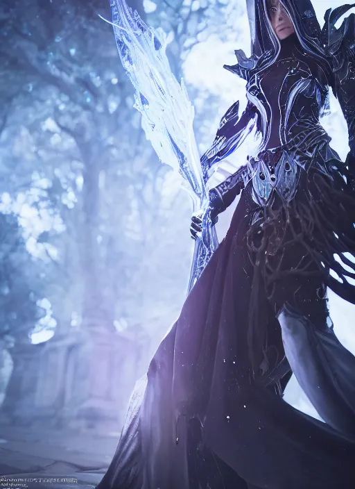 Image similar to photo of a sorceress near mage tower, warframe armor, epic, magical dress, fantasy, white hair, trees, village far away, interesting angle, sharp focus, 8 k high definition, insanely detailed, intricate, intelligent, art by akihiko yoshida and shirotaka