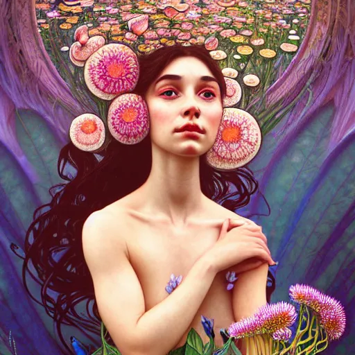 Image similar to Portrait of a girl surrounded by flowers and morphing into mushrooms while sitting at a pond with waterlilies, face, fantasy, intricate, elegant, highly detailed, digital painting, artstation, concept art, smooth, sharp focus, illustration, art by Fernanda Suarez and Artem Demura and alphonse mucha