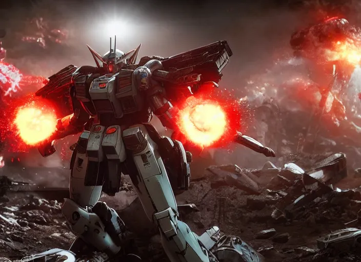 Image similar to gundam in gears of war, splash art, movie still, cinematic lighting, ray tracing, octane render, long lens, shallow depth of field, bokeh, anamorphic lens flare, 8 k, hyper detailed, 3 5 mm film grain