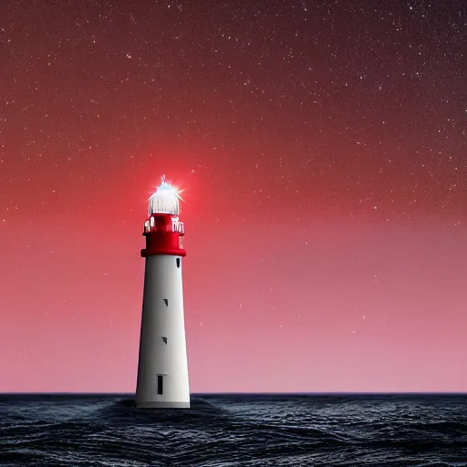 Image similar to A realistic photo of A red and white striped lighthouse shining out onto the sea; a white house with a red roof with the lights on inside; thin dark trees behind; nighttime with stars behind; full moon