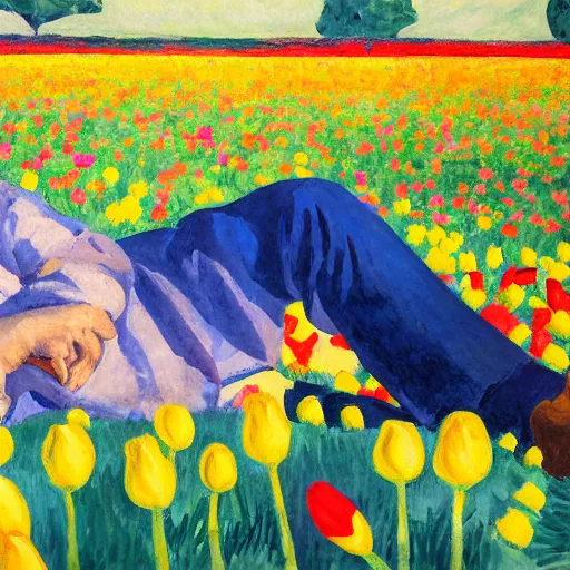 Image similar to Portrait of a man lying in a field of tulips by Robert Delaunay, colorful, hopeful, detailed, sunrise, light colors