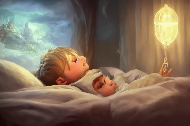 Prompt: a beautiful illustration of a little cute boy in his bed dreaming about a beautiful, fantasy, intricate, epic lighting, cinematic composition, hyper realistic, 8 k resolution, unreal engine 5, by artgerm, artstation