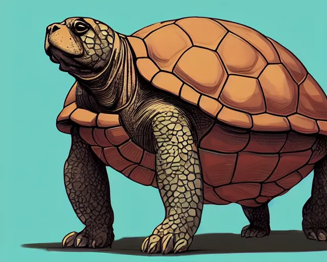 Prompt: cell shaded cartoon of a realistic turtle with a bulldog's proportions. full body, concept art by josan gonzales and wlop, by james jean, victo ngai, david rubin, mike mignola, deviantart, art by artgem