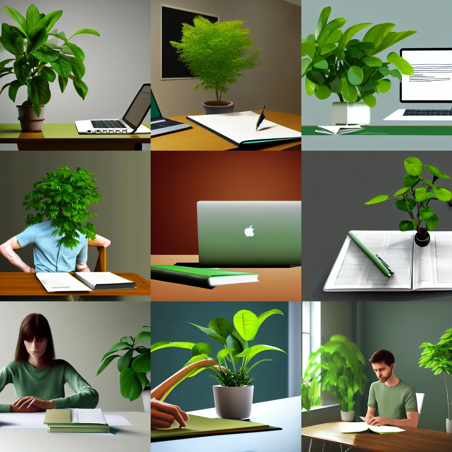 Prompt: photo of green natural skinny plant with human arms sitting at the table with opened laptop and many written papers, textbooks and books, artstation, award winning, 8k, realistic, hd