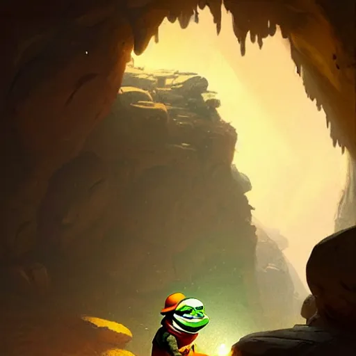 Image similar to happy pepe the miner in the cave, greg rutkowski