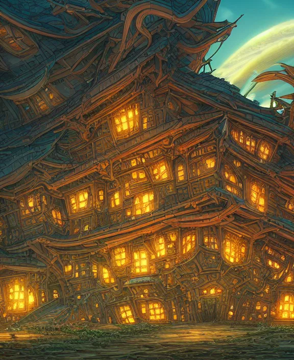 Image similar to a building made of exotic fungus, by dan mumford, yusuke murata, makoto shinkai, ross tran, cosmic, heavenly, god rays, intricate detail, cinematic, cel shaded, unreal engine, featured on artstation, pixiv