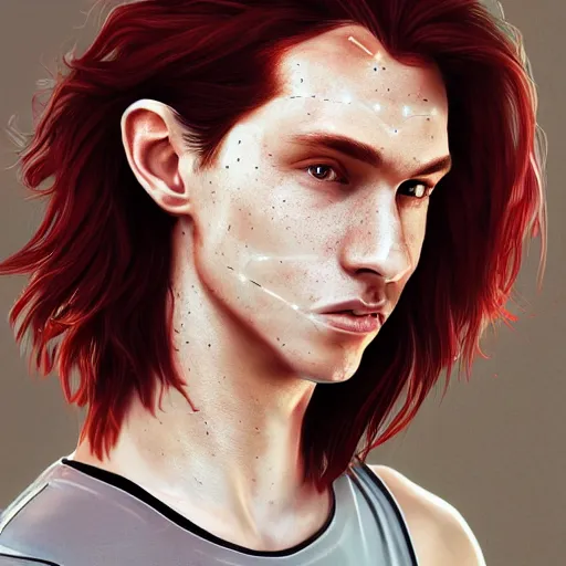 Prompt: portrait of a thin young man with long red hair, ponytail, a lot of freckles on his face, an earring, intricate, elegant, glowing lights, highly detailed, digital painting, artstation, concept art, smooth, sharp focus, illustration