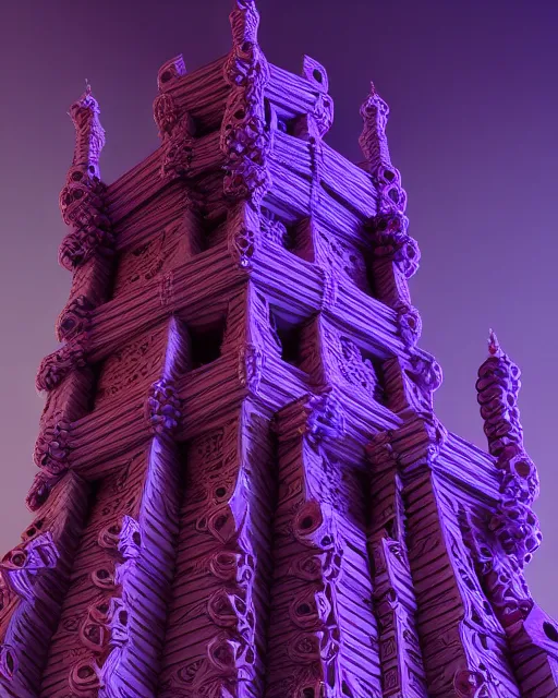 Image similar to detailed painting giant intricate tower structure carved out of complex bone with royal purple gems rendered in cinema 4 d octane