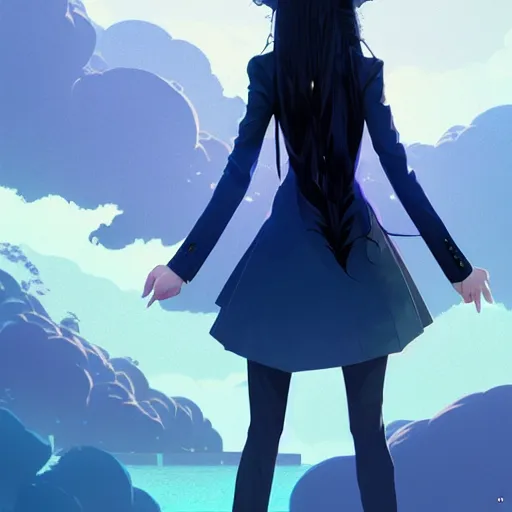 Image similar to low - angle shot from behind of a long blue - haired girl in a tailcoat overlooking noxus, noir, screenshot, sharp focus, intricate, illustration, cell shaded, digital painting, highly detailed, art by ilya kuvshinov, wlop, greg rutkowski, studio quality, james jean