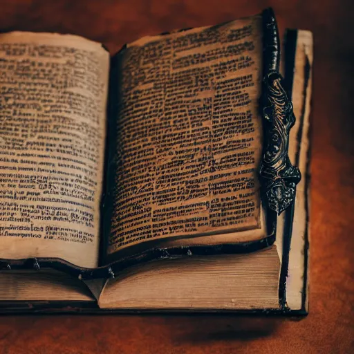 Image similar to a medium shot of a book sitting on a crowed desk, the book is closed, the cover is ornately carved leather, beside the book is an ancient scroll, dark, single light, vignette, magic, fantasy, 4 k