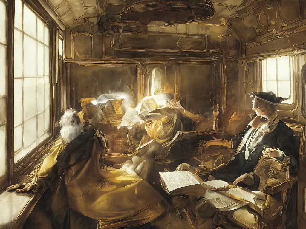 Image similar to detailed painting of a magical book laying open on the seat of a train car by Pieter Claesz and Krenz Cushart, fantasy, dramatic light