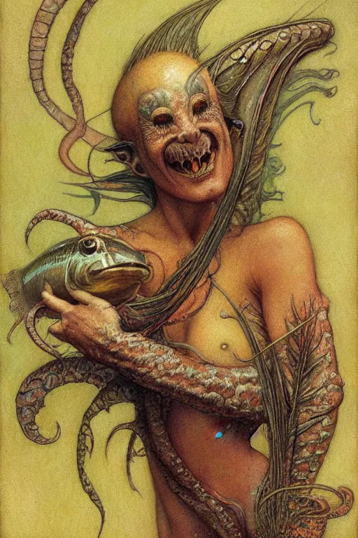 Image similar to a happy fish in the style of and by wayne barlowe, gustav moreau, goward,  Gaston Bussiere and roberto ferri, santiago caruso, and austin osman spare