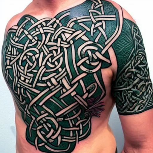Prompt: tattoo on the shoulder, nordic and celtic, viking with sword and shield in the middle of knotwork, celtic knot band with a viking warrior centerpiece, viking holds a shield frontward and a sword over his head, dark green black ink tattoo