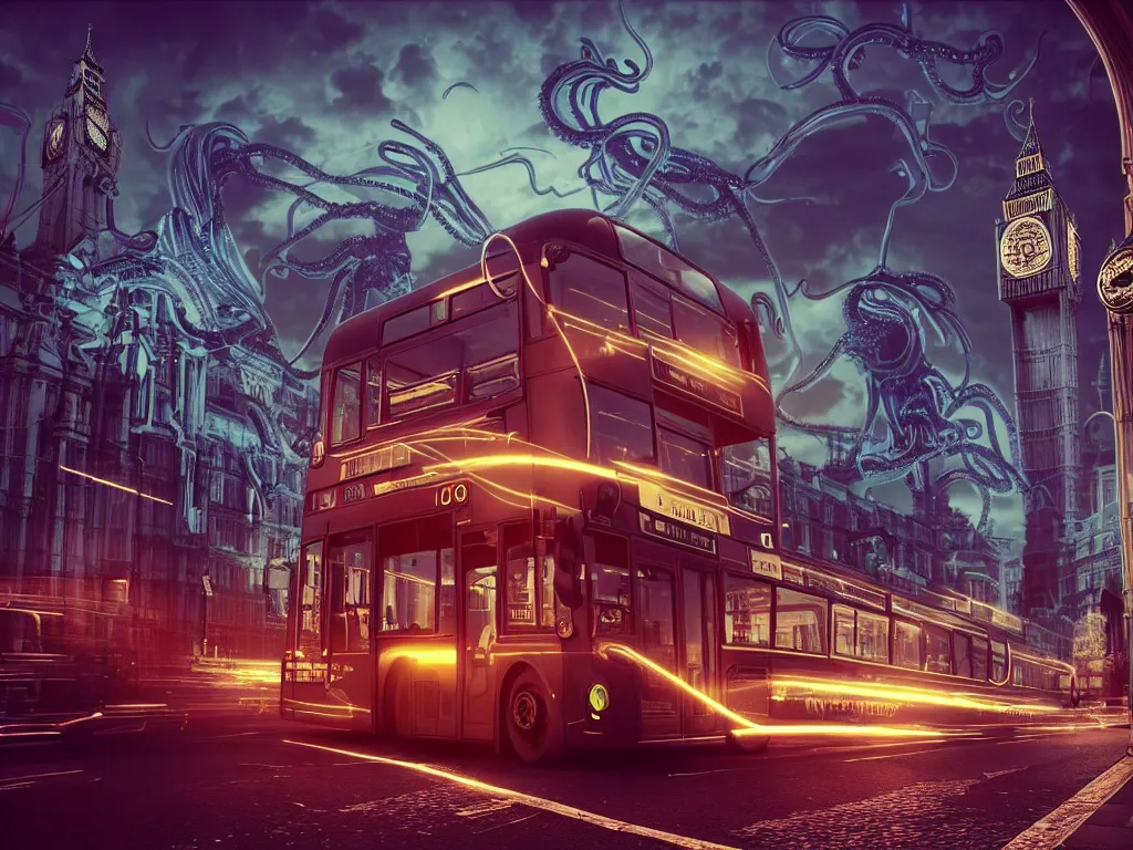 Image similar to an ancient beautiful cyborg with glowing eyes in the city of London, a cyborg with tentacles from it's head, part machine, westminster in background, london bus, colourful, dramatic lighting, golden hour, very detailed octane render very realistic beautiful