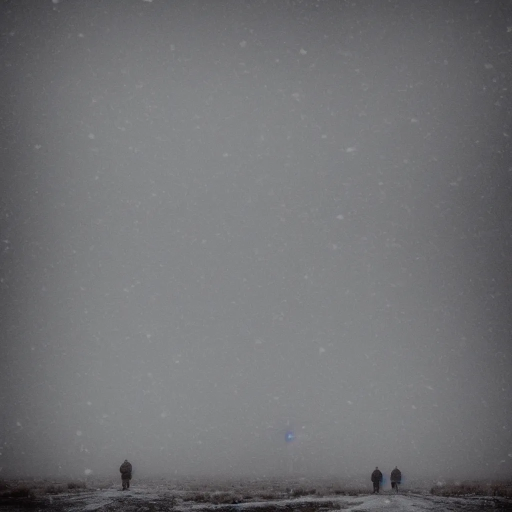 Image similar to photo of shiprock, new mexico during a snowstorm. a old man in a trench coat and a cane appears hazy in the distance, looking back over his shoulder. cold color temperature, snow storm. hazy atmosphere. humidity haze. kodak ektachrome, greenish expired film, award winning, low contrast,