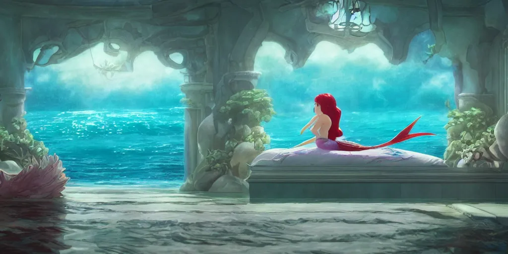 Image similar to animation key shot of a young mermaid swimming in an elegant palace bedroom sunken in the ocean, studio ghibli, pixar and disney animation, sharp, rendered in unreal engine 5, anime key art by greg rutkowski, bloom, dramatic lighting