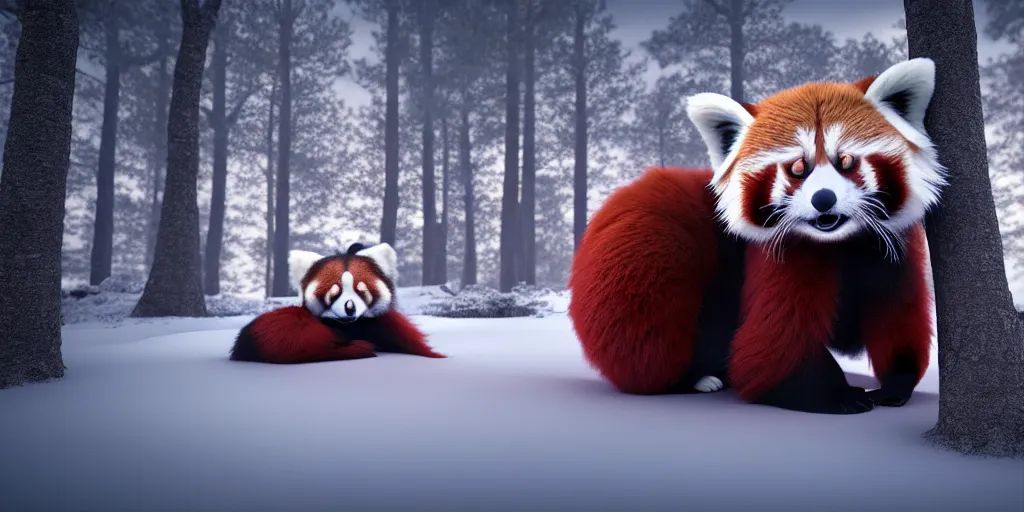 Image similar to fantasy red panda love, raised hands side by side in the winter trees, he holds her while she sleeps, hyperrealism, 8 k octane render