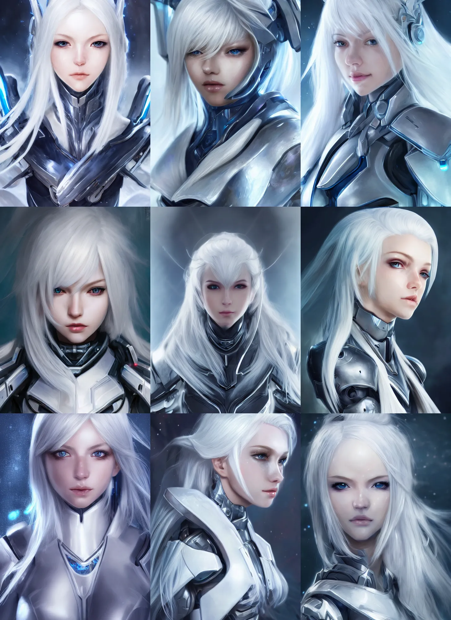 Image similar to detailed portrait of perfect white haired girl, android, warframe armor, beautiful, pretty face, blue cyborg eyes, innocent, scifi, 4 k, sun yunjoo, ultra realistic, aura of light, cinematic lighting, highly detailed, sharp focus, artstation, masterpiece, art by hyungjin yang and akihito tsukushi